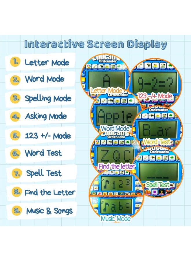 Interactive Bilingual Spanish and English Learning Laptop Toy for Kids Ages 2, 3, 4 Years Old, Educational Smart Electronic Learning Computer for Toddlers, Teach Alphabet, Numbers, Words, Spelling, Math, Addition and Subtraction, Pretend Play Laptop Toy, Interactive Games and Quizzes to Develop Memory, Reasoning, Sociability, Reading Skills, Writing Skills, Bilingual Language Development, Music, Dance, Spanish Nursery Rhymes, Fun and Educational Electronic Learning Device for Preschool Kids, Enhance Problem-Solving, Cognitive Skills, Fine Motor Skills, Imaginative Play, Language Learning, Toddlers Educational Interactive Toy Laptop. - Image 2